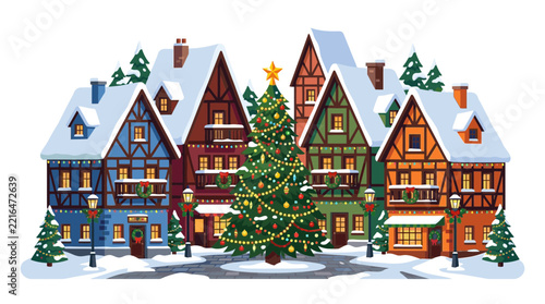 Illustration of a Festive Christmas Town Square with Decorated Houses