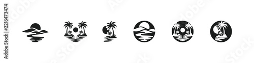 Stylized Silhouettes of Sunset and Tropical Scenes with Palm Trees, Reflections in Calm Waters, Creating a Serene Coastal Atmosphere and Evoking Relaxation