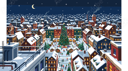Winter City Square with Festive Christmas Market and Holiday Tree