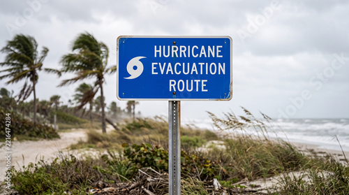 Hurricane evacuation route sign on a beach during stormy weather  