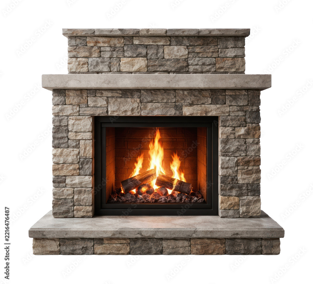 Fototapeta premium PNG Cozy stone fireplace with fire.