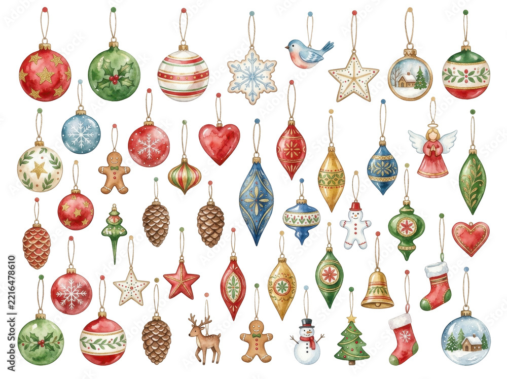 Fototapeta premium Set of festive watercolor Christmas ornaments featuring traditional holiday symbols and patterns