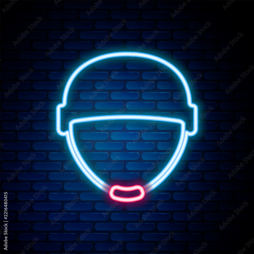 Fototapeta premium Glowing neon line Military helmet icon isolated on brick wall background. Army hat symbol of defense and protect. Protective hat. Colorful outline concept. Vector