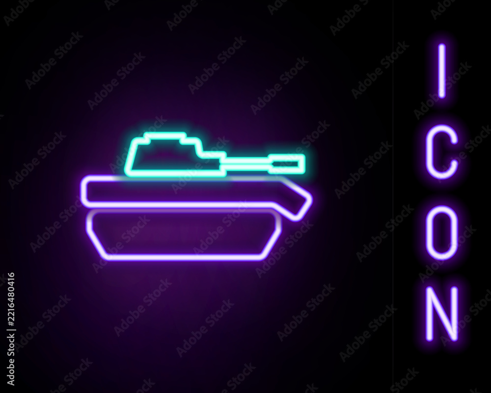 Fototapeta premium Glowing neon line Military tank icon isolated on black background. Colorful outline concept. Vector
