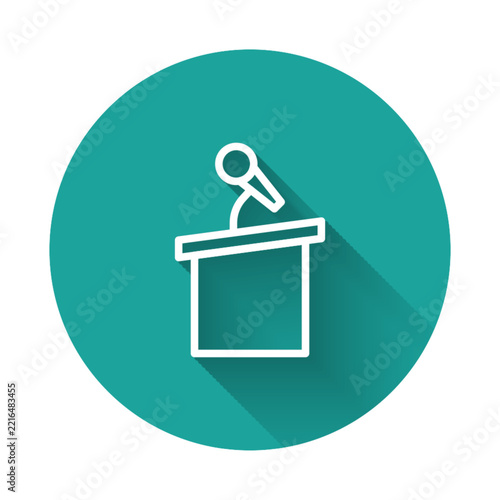 White line Stage stand or debate podium rostrum icon isolated with long shadow. Conference speech tribune. Green circle button. Vector