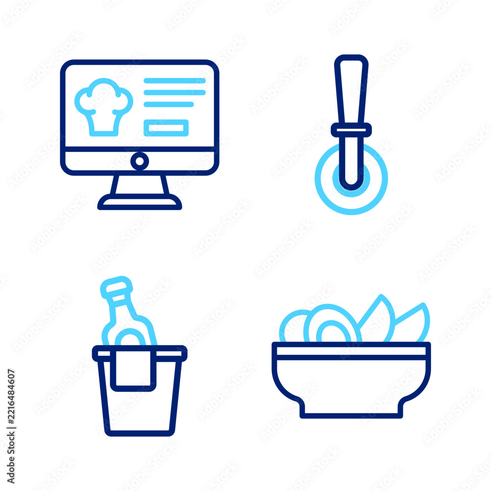 Fototapeta premium Set line Nachos in plate, Champagne an ice bucket, Pizza knife and Online ordering and delivery icon. Vector