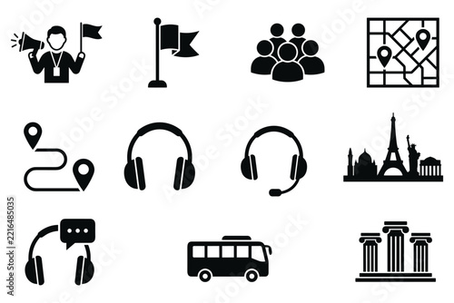 Set of travel and tourism icons featuring landmarks and transportation tourism symbols landmark icons map marker guided tour city travel earphones