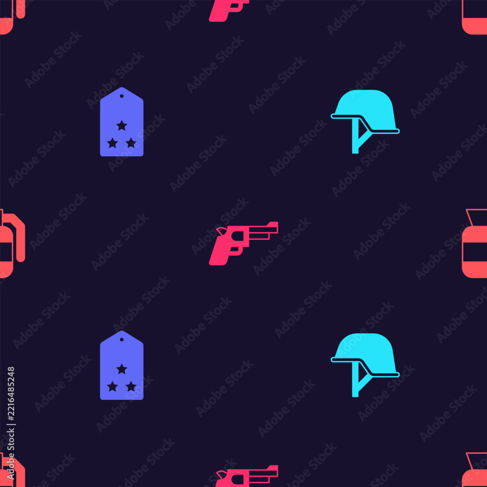 Fototapeta premium Set Military helmet, rank, Pistol or gun and Hand grenade on seamless pattern. Vector