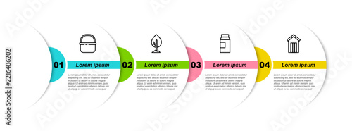 Set line Basket, Tree, Paper package for milk and Wooden outdoor toilet. Business infographic template. Vector