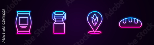 Set line Fertilizer bag, Can container for milk, Location corn and Bread loaf. Glowing neon icon. Vector