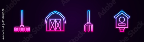 Set line Garden rake, Farm house, pitchfork and Bird. Glowing neon icon. Vector