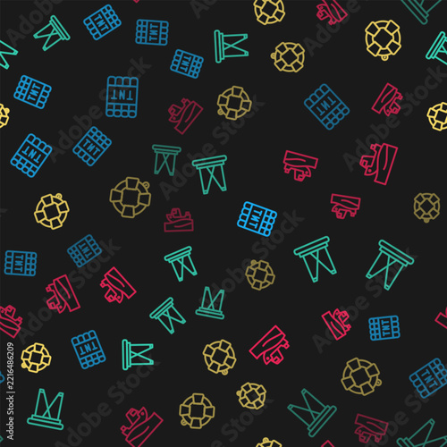 Set line Detonate dynamite bomb stick, Folding chair, Lifebuoy and Fishing boat water on seamless pattern. Vector
