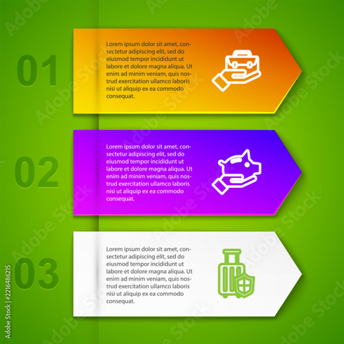 Set line Hand holding briefcase, Piggy bank, Travel suitcase with shield and Fire burning house. Business infographic template. Vector