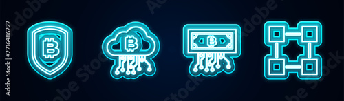 Set line Shield with bitcoin, Cryptocurrency cloud mining, circuit and Blockchain technology. Glowing neon icon. Vector