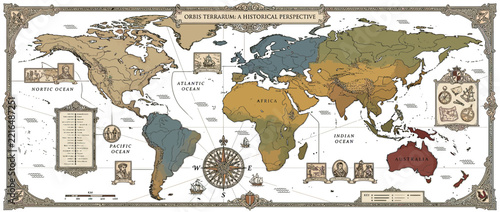 Vintage World Map Illustration with Historical Elements