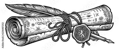 Vintage Scroll with Feather Pen and Wax Seal
