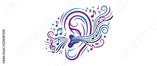 Abstract ear listening to music notes and sound waves