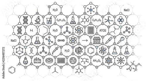 Abstract Science and Chemistry Icons on Hexagonal Grid
