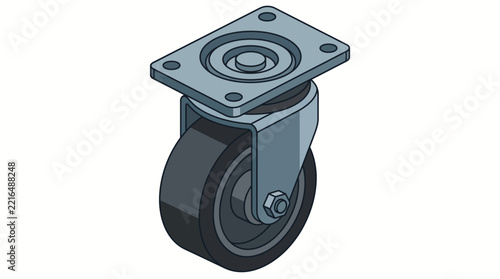 Isometric vector illustration of a swivel caster wheel for industrial trolleys and heavy duty furniture