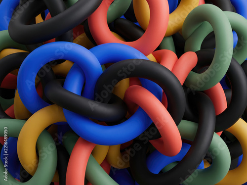Interlocking colorful plastic ring chain creating abstract link pattern