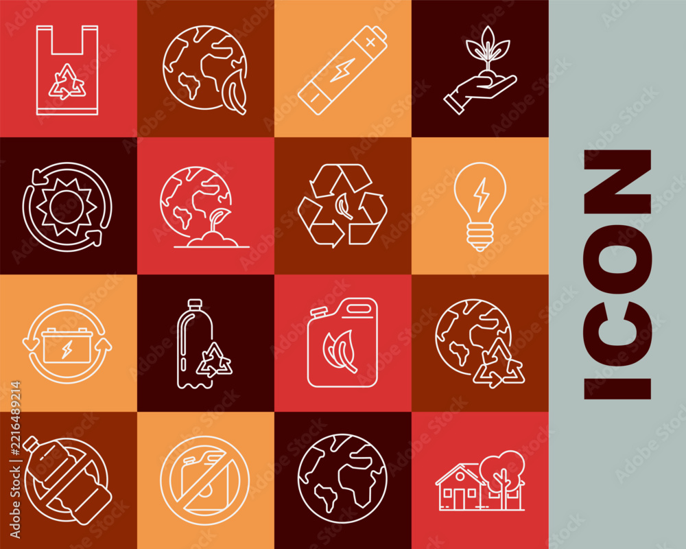 Fototapeta premium Set line Eco friendly house, Planet earth and a recycling, Light bulb with lightning symbol, Battery, Earth globe plant, Solar energy panel, Plastic bag recycle and Recycle leaf icon. Vector