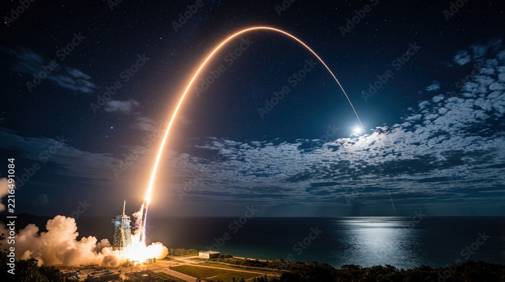 Fototapeta premium Space rocket launch at night with bright orange fire trail over dark ocean. Powerful spacecraft ascends into starry sky leaving long light streak. Massive clouds of smoke rise from launch pad near
