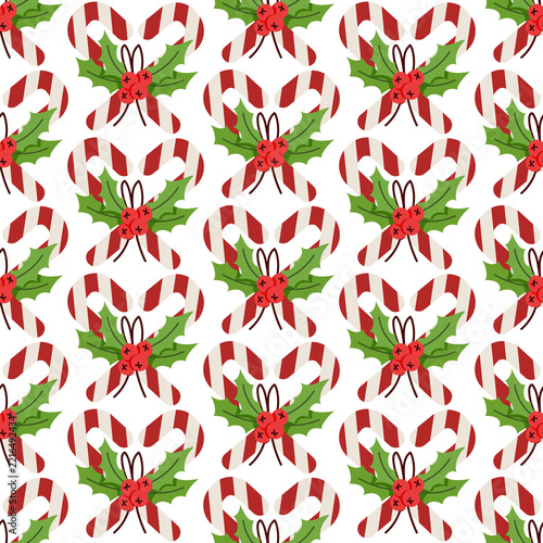 Seamless Christmas Pattern with Heart-Shaped Candy Canes Decorated with Holly Berries