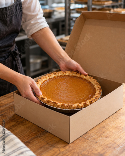 Bakery worker packing autumn pie into takeaway box