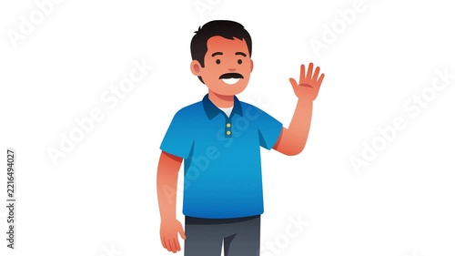 Smiling illustrated man waving hello while wearing a blue polo shirt isolated on a clean white background Prores Alpha 4K 60 fps Looping