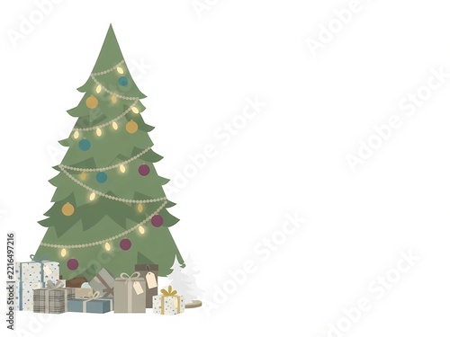 Flat Vector Illustration of Christmas Tree with Gifts and Decorations on White Background