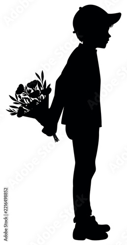 Silhouette of a boy carrying a bouquet