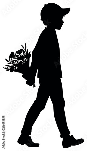 Silhouette of a boy carrying a bouquet