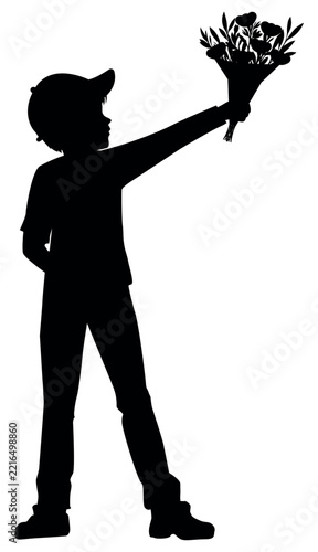 Silhouette of a boy carrying a bouquet