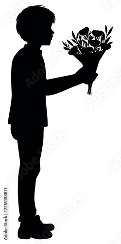 Silhouette of a boy carrying a bouquet