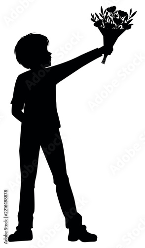 Silhouette of a boy carrying a bouquet