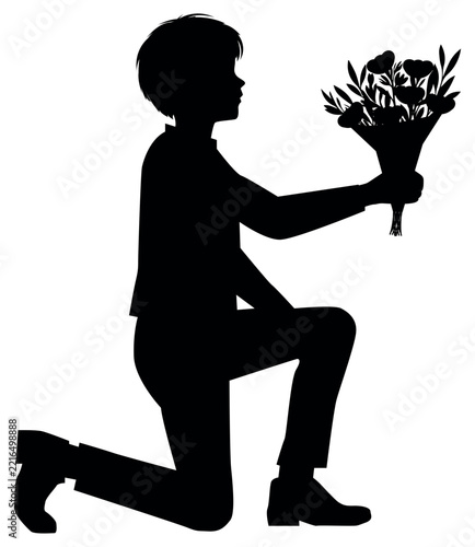 Silhouette of a boy carrying a bouquet