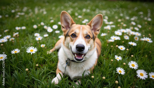 Happy smiling Corgi dog sitting outdoors on green grass among white daisy flowers