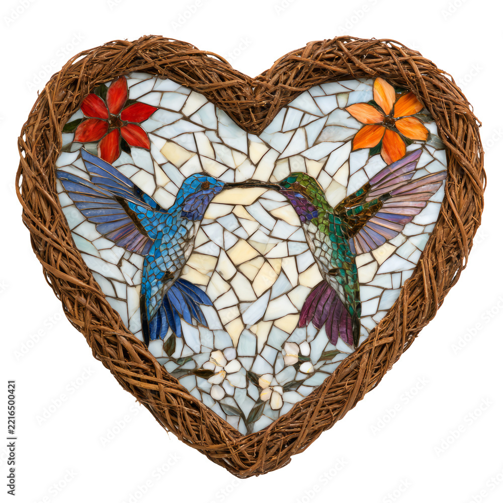 Fototapeta premium Heart shaped stained glass with hummingbirds and flowers