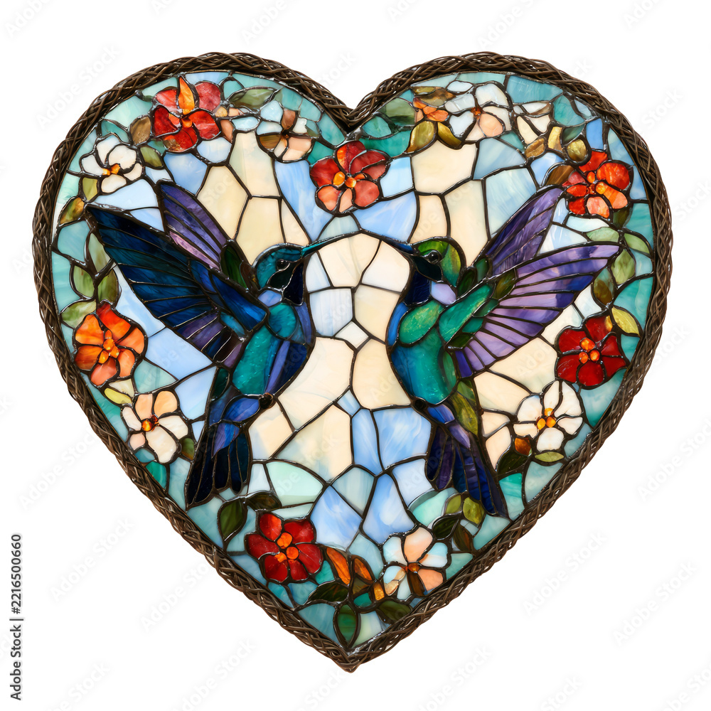 Fototapeta premium Heart shaped stained glass with hummingbirds and flowers