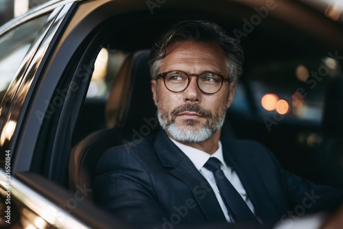 Stylish businessman with beard sits confidently inside a luxury car, representing success, wealth, executive travel, and modern professional lifestyle.