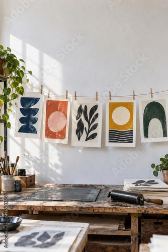 Hand printed abstract linocut art prints hanging on string with clothespins printmaking table, nobody