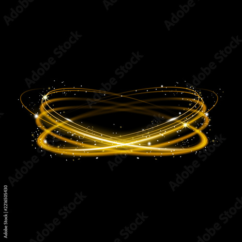 Abstract golden glowing circular light effect with sparkling particles isolated on a dark black background design element