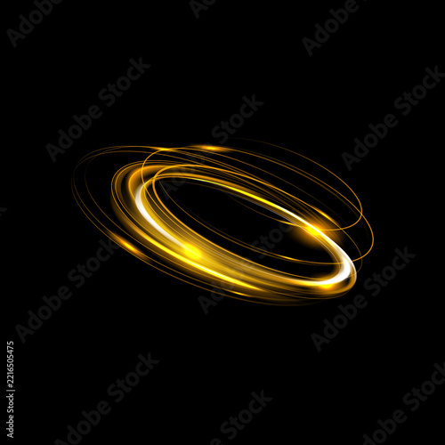 Dynamic golden light swirls create an abstract energetic and visually captivating circular motion effect on black