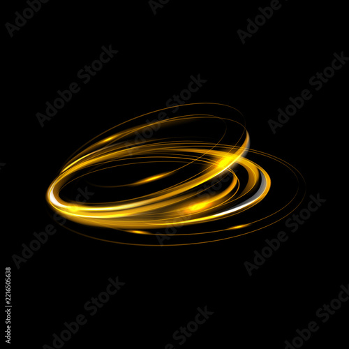 Dynamic golden light trails create an abstract swirling vortex against a stark black background evoking energy