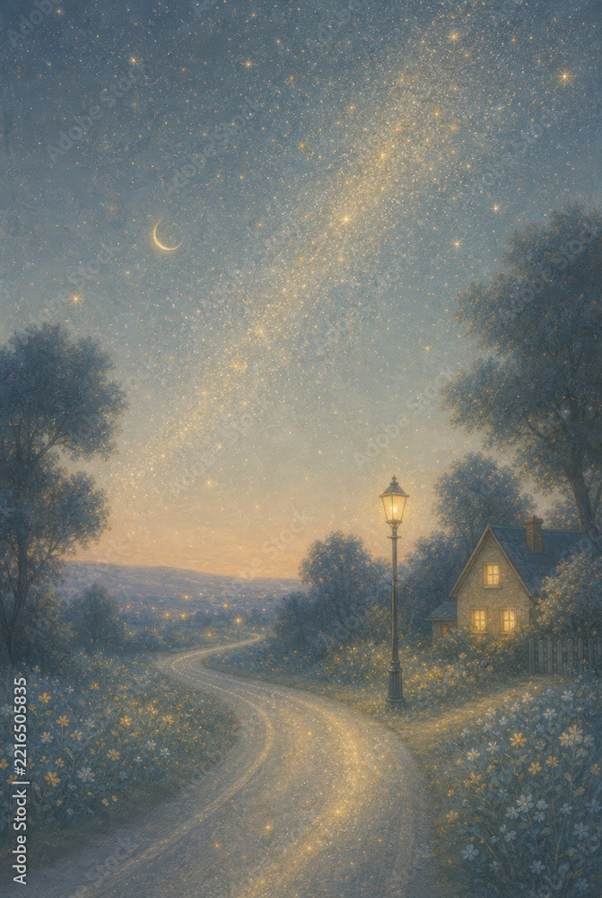 Fototapeta premium A beautiful, whimsical painting of a winding path leading toward a cozy cottage