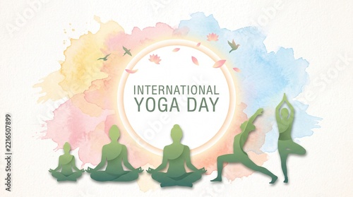 International Yoga Day with serene meditation silhouettes and colorful watercolor art for wellness festival greeting and wellness campaigns