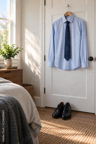 Blue dress shirt with navy tie on hanger on bedroom door black shoes, job interview preparation, nobody