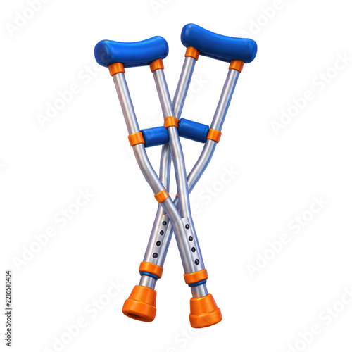 Pair of medical forearm crutches with blue and orange accents isolated on white background