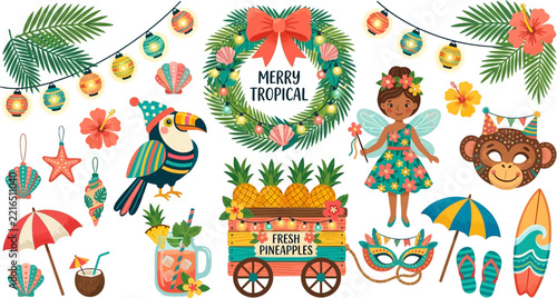 Tropical Summer Holiday Elements Set Featuring Festive Island Decorations