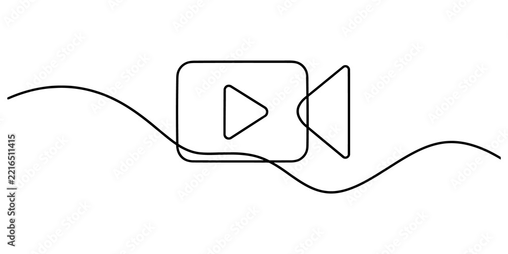 Obraz premium Video camera play button continuous line art digital media icon black outline graphic symbol for modern content creation.